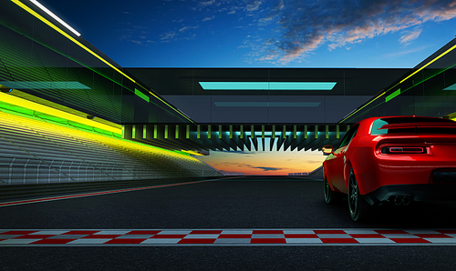 Rear left angle view of a generic red brandless American muscle car on a race track background . Transportation concept .3d illustration and 3d render.