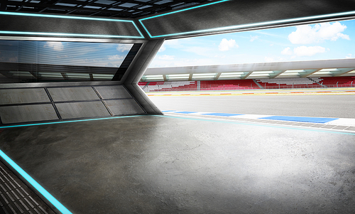 Empty race car garage with international race track background , mixed media , 3D rendering .