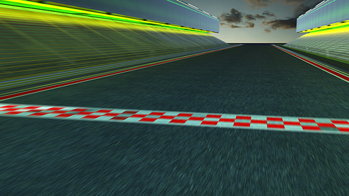 Motion blur empty asphalt international race track with start or finish line. Night scene