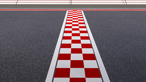Low angle side view empty asphalt international race track with start and finish line. 3d rendering .