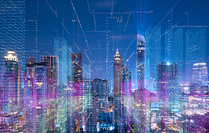 Smart cityscape with wireless network . Futuristic communication technology concept .