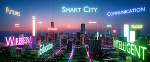 Modern city with info glowing font and particle glowing light connection design. Future innovative wireless fast network technology concept. 3d rendering