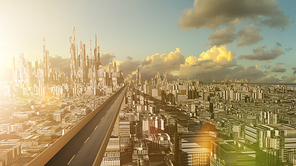 Highway overpass with futuristic sci-fi city and commercial office building . 3d illustration rendering .