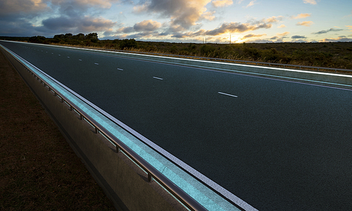 Empty modern blue LED light design  highway asphalt road with beautiful sunset landscape . Mixed media .