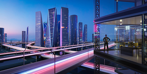 3d rendering businessman stand in office viewing beautiful modern city