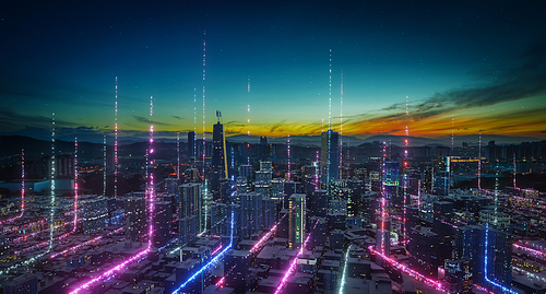 Smart city with particle glowing light connection design, big data connection technology concept. 3d rendering