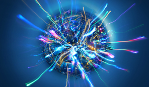 Abstract 360 degree sphere view of smart city and colorful gradient glowing Impulse flow light design , big data connection technology concept .