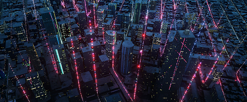 Aerial view of Smart City with particle glowing light connection design, big data connection technology concept. 3d rendering