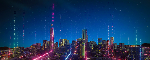 Panorama view of Smart city with particle glowing light connection design, big data connection technology concept. 3d rendering