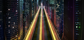 Spectacular modern city at night with light trails. 3d rendering imaginary concept city.