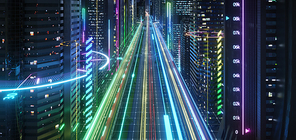 Smart city with speed light data connection. Technology concept . 3d rendering