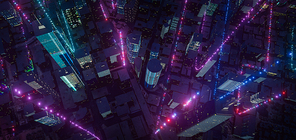 Aerial view of Smart City with particle glowing light connection design, big data connection technology concept. 3d rendering