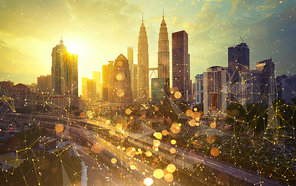 Smart  cityscape with wireless network . Futuristic communication technology concept .