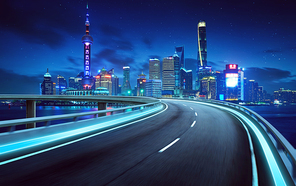 Highway overpass modern Shanghai city skyline background . Night scene .