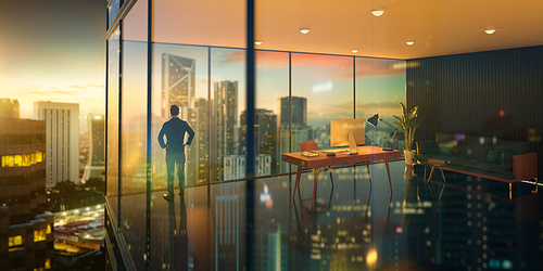Young business man standing in the 3d rendering office watching the modern city sunrise view, view from the outside. Business ambition concept.