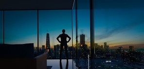 Young business man standing in the office watching the modern city sunrise view outside the window, business ambition concept. 3d rendering