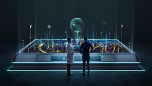 Businessman and scientist discuss in front of smart city virtual display screen from futuristic lab control room . Graphs and icons on virtual screen background. Business  and technology concept .
