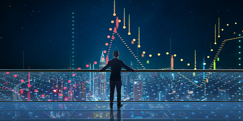 Businessman standing on modern transparent glass balcony watching city night view with global business charts and graphs design. Business ambition and vision concept .