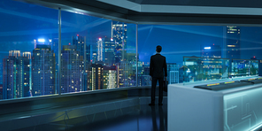 Businessman stand in futuristic office viewing beautiful modern city. 3d rendering