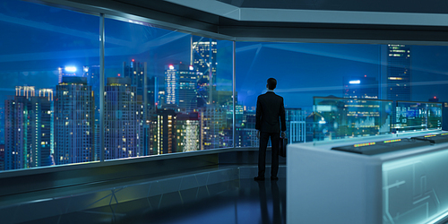 Businessman stand in futuristic office viewing beautiful modern city. 3d rendering