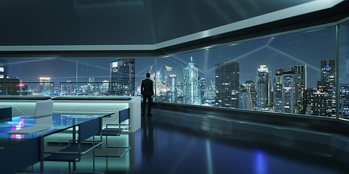 Businessman stand in morden office viewing beautiful modern city. 3d rendering