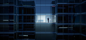 Businessman using mobile phone to talk business in office. View from the outside 3D rendering commercial skyscraper.