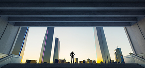 Young business man standing in the exit of the underground watching the modern city sunrise view, business ambition concept. 3d rendering