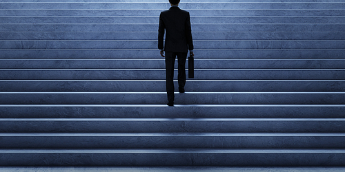 Businessman climbing stairs from underground. Ambitions concept. 3d rendering