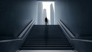 Businessman climbing stairs from underground upward to modern urban city. Ambitions concept. 3d rendering