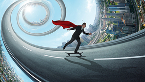 Young confident super businessman in red cape and black suit taking a ride on a skateboard in the abstract rotate road with distortion city .