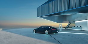 Brandless Electric EV concept car park in front of modern building. 3d rendering with my own creative design.