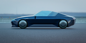 Brandless Electric EV concept car on asphalt road. 3d rendering with my own creative design.