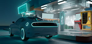 Electric car and futuristic charging station with neon light illuminated at dark night. Electric automotive Innovation transport concept. Photorealistic 3D rendering.