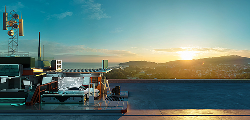 Aerial panorama view of electric car and futuristic charging station with beautiful sunrise landscape. Clean energy future and ecology of transportation concept. Photorealistic 3D rendering.