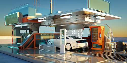 Electric car at futuristic charging station. Green technology, Eco alternative transport and battery charging technology concept. Photorealistic 3D rendering.