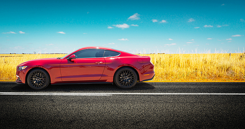 PERTH, AUSTRALIA - November 8, 2016 : Ford Mustang GT parked on road side with field of golden wheat background .