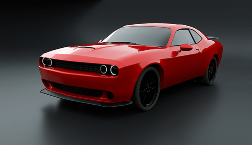 Front angle view of a generic red brandless American muscle car on a grey background . Transportation concept . 3d illustration and 3d render.