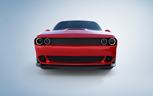 Front angle view of a generic red brandless American muscle car on a light blue background . Transportation concept . 3d illustration and 3d render.