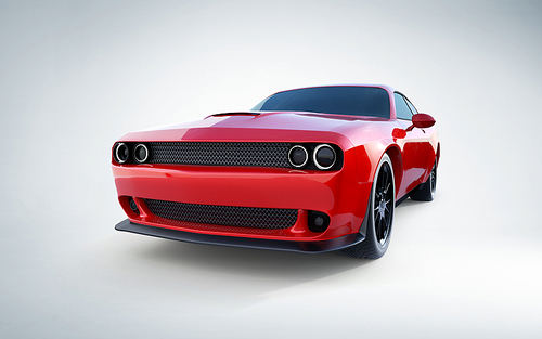 Front angle view of a generic red brandless American muscle car on a white background . Transportation concept . 3d illustration and 3d render.