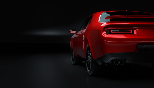 Rear left angle view of a generic red brandless American muscle car on a black background . Transportation concept . 3d illustration and 3d render.