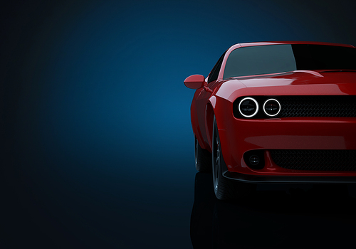 Front angle view of a generic red brandless American muscle car on a dark blue background . Transportation concept . 3d illustration and 3d render.