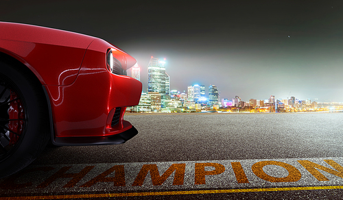 Closeup front side angle view of a generic red brandless American muscle car with night cityscape scene . Transportation concept . 3D Rendering .