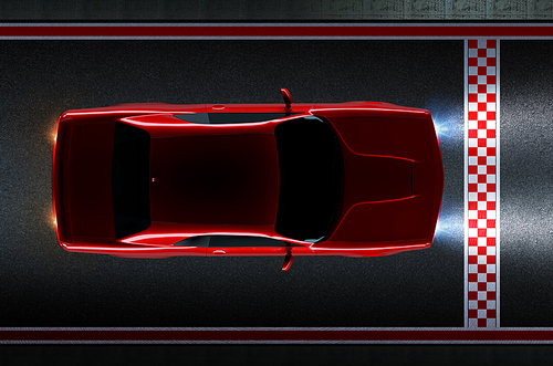 Top aerial  angle view of a generic red brandless American muscle car on a asphalt race track with start and finish line . Transportation concept . 3d illustration and 3d render.