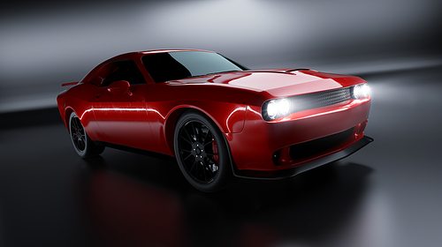 Front angle view of a generic red brandless American muscle car on a black background . Transportation concept . 3d illustration and 3d render.