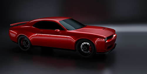 side angle view of a generic red brandless american muscle car on a  background . transportation concept . 3d illustration and 3d render.