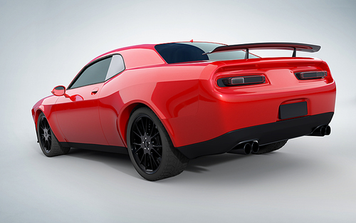 Rear left angle view of a generic red brandless American muscle car on a white background . Transportation concept . 3d illustration and 3d render.