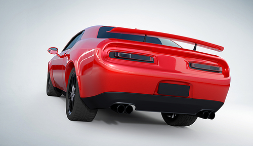 Rear left angle view of a generic red brandless American muscle car on a white background . Transportation concept . 3d illustration and 3d render.
