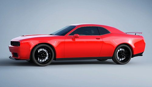 Side angle view of a generic red brandless American muscle car on a grey background . Transportation concept . 3d illustration and 3d render.