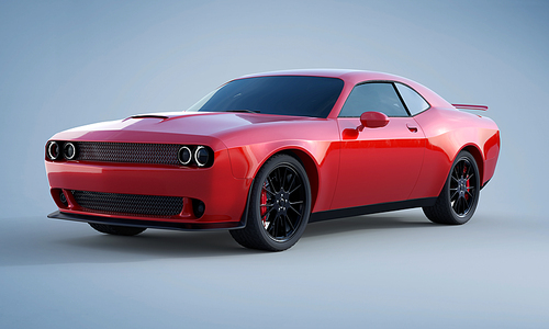 Front angle view of a generic red brandless American muscle car on a light blue background . Transportation concept . 3d illustration and 3d render.