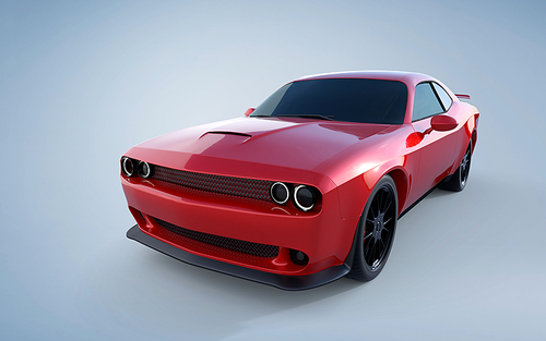 Front top angle view of a generic red brandless American muscle car on a light blue background . Transportation concept . 3d illustration and 3d render.